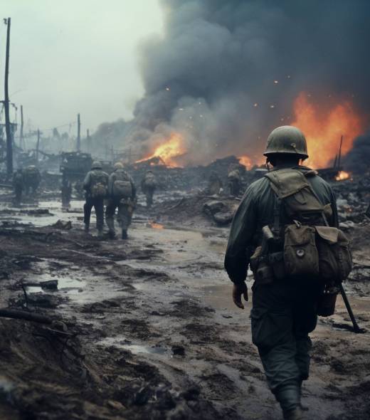 vietnam war soldiers and tank with burning debris and smoke, color film style